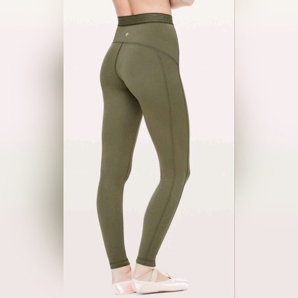 Lululemon Athletica Principal Dancer Leggings With Gold Trim- In Army Green - Picture 3 of 9